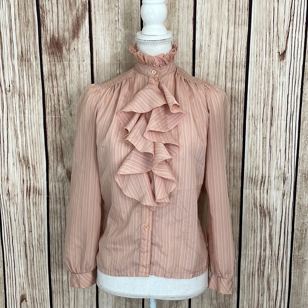 Kevin Stuart Vintage mid cent Pink Blouse W/Frill High Neck, PinStripes, Ruffle